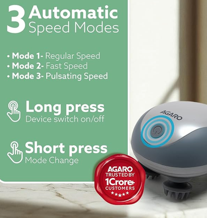 AGARO Scalp Massager, Rechargeable Electric Head Kneading Massager, 3 Speed Modes, Handheld Portable Head Scratcher Massager for Hair Growth, Deep Clean & Stress Relax, SM3675,White