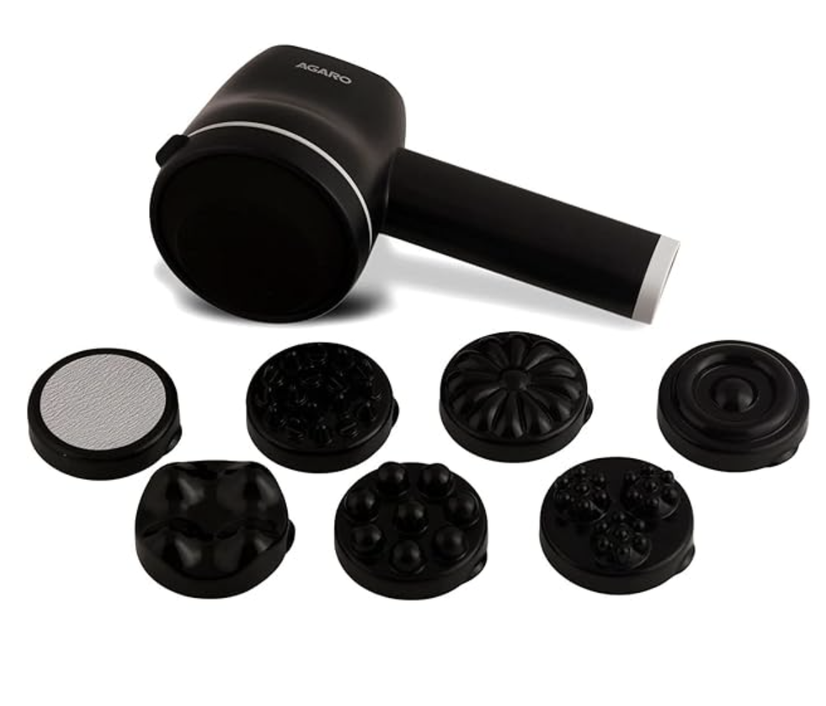 AGARO Alpha Handheld Deep Tissue Wireless & Rechargeable Body Massager, Interchangeable 8 Heads, Mesh Cover, 5 Modes 6 Speed Settings, for Pain Relief, Muscle Relaxation, Back, Arms, Foot, Black