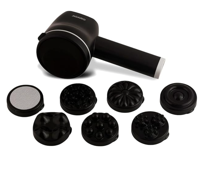 AGARO Alpha Handheld Deep Tissue Wireless & Rechargeable Body Massager, Interchangeable 8 Heads, Mesh Cover, 5 Modes 6 Speed Settings, for Pain Relief, Muscle Relaxation, Back, Arms, Foot, Black-1