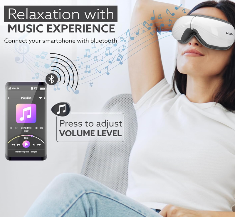 AGARO Supreme Eye Massager with Lukewarm Heat, Relax, Reduce Eye Strain, Relief from Stress, Air Compression Massage, 180° Foldable, 5 Modes, Bluetooth Music, Improves Sleep-2