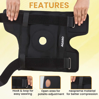 AGARO Hinged Knee Wrap With Open Patella, Rigid Biaxial Hinge Knee Brace for Joint Pain Relief, Workout, Arthritis & Ligament Tear, Neoprene, Knee Cap for Men & Women, Black