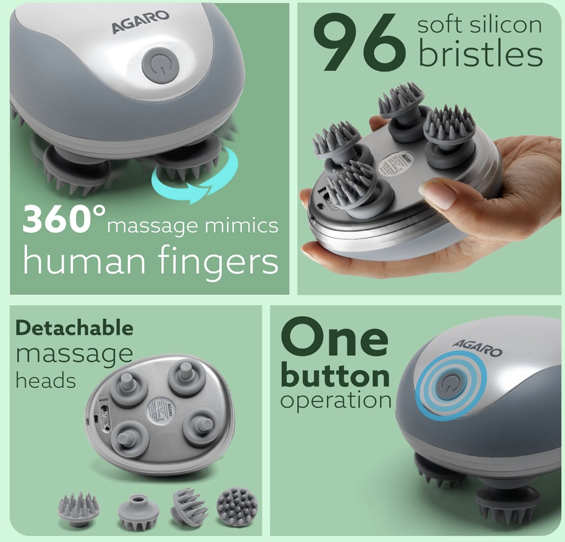 AGARO Scalp Massager, Rechargeable Electric Head Kneading Massager, 3 Speed Modes, Handheld Portable Head Scratcher Massager for Hair Growth, Deep Clean & Stress Relax, SM3675,White