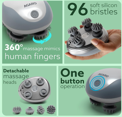 AGARO Scalp Massager, Rechargeable Electric Head Kneading Massager, 3 Speed Modes, Handheld Portable Head Scratcher Massager for Hair Growth, Deep Clean & Stress Relax, SM3675,White