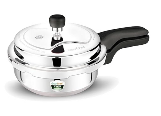 ग्रीनशेफ इवोक स्ट्रॉन्ग मिनी नॉन इंडक्शन बेस आउटर लिड पैन टाइप 2 लीटर प्रेशर कुकर ISI प्रमाणित (एल्युमीनियम) 