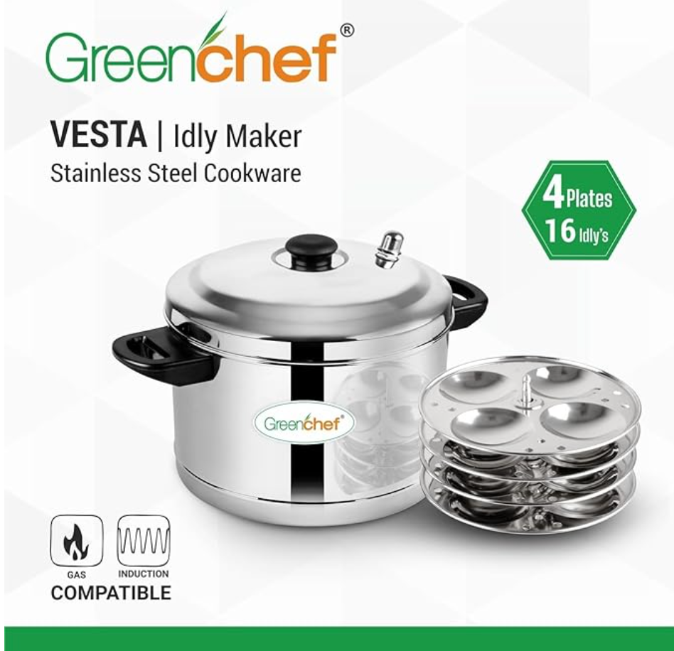 Greenchef Vesta Stainless Steel Induction Bottom Idly Maker (Idli Cooker, 4 Plates, 16 Idli)