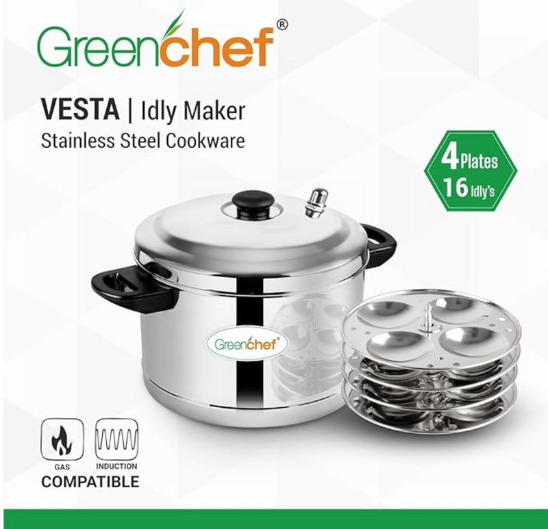 Greenchef Vesta Stainless Steel Induction Bottom Idly Maker (Idli Cooker, 4 Plates, 16 Idli)-2