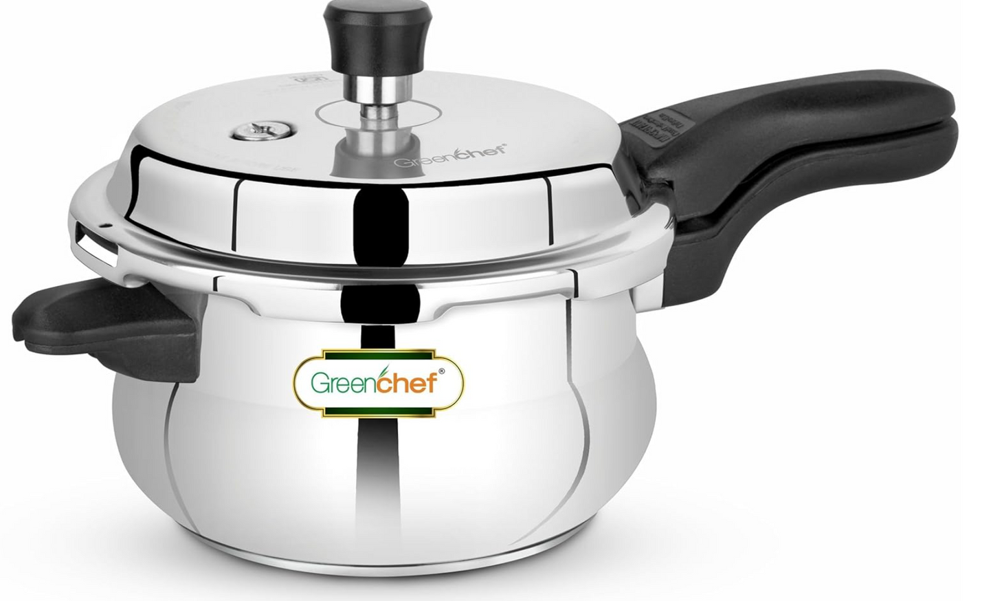 கிரீன்செஃப் கிளாசிக் கர்வ் ஸ்டெயின்லெஸ் ஸ்டீல் ஹேண்டி வடிவ 5 லிட்டர் இண்டக்ஷன் கேஸ் இணக்கமான பிரஷர் குக்கர் | ஆரோக்கியமான சமையல் | ஐஎஸ்ஐ சான்றளிக்கப்பட்டது | கனமான அடிப்பகுதி 