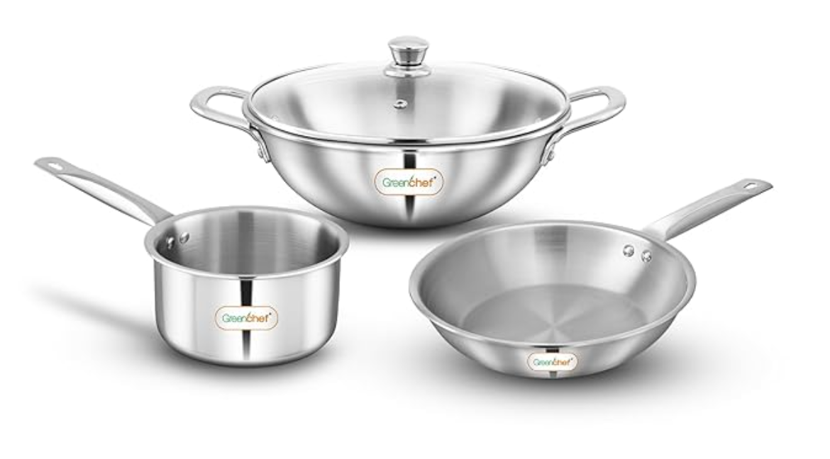 ग्रीनशेफ स्टेनलेस स्टील ट्राई प्लाई स्टेनलेस स्टील क्रेस्ट कॉम्बो (कांच के ढक्कन के साथ कढ़ाई 22 सेमी, फ्राई पैन 22 सेमी, सॉस पैन 14 सेमी) बाहरी सतह, इंडक्शन कम्पैटिबल, स्क्रैच रेसिस्टेंट 