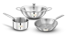 Greenchef Stainless Steel Tri ply Stainless Steel Crest Combo (Kadhai 22CM with Glass lid, FryPan 22CM, Saucepan 14CM) Exterior Surface, Induction Compatible, Scratch Resistant-1