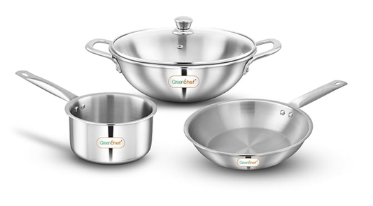 ग्रीनशेफ स्टेनलेस स्टील ट्राई प्लाई स्टेनलेस स्टील क्रेस्ट कॉम्बो (कांच के ढक्कन के साथ कढ़ाई 22 सेमी, फ्राई पैन 22 सेमी, सॉस पैन 14 सेमी) बाहरी सतह, इंडक्शन कम्पैटिबल, स्क्रैच रेसिस्टेंट 