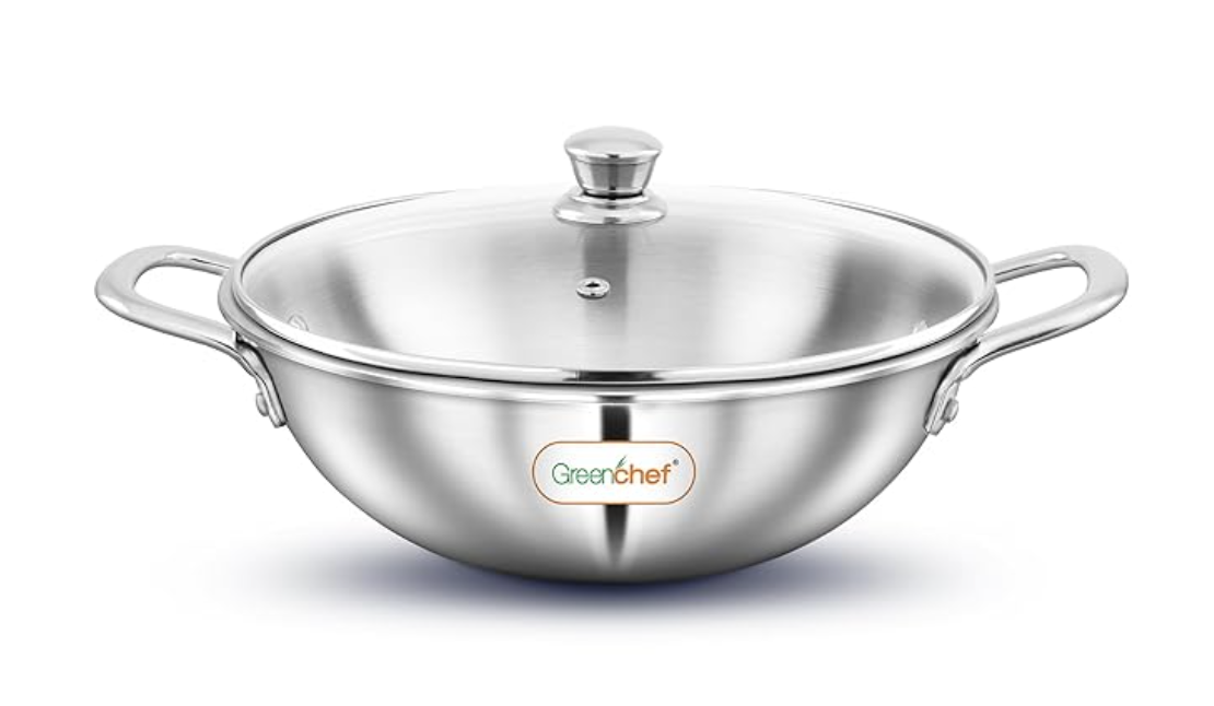 ग्रीनशेफ एसएस ट्राई प्लाई स्टील क्रेस्ट - कढ़ाई 22 सेमी ग्लास ढक्कन के साथ, स्टेनलेस स्टील बाहरी सतह, एर्गोनोमिक हैंडल, इंडक्शन कम्पैटिबल, स्क्रैच रेसिस्टेंट, 5 साल की वारंटी 
