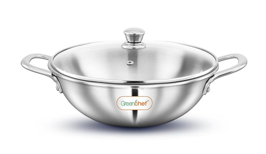 ग्रीनशेफ एसएस ट्राई प्लाई स्टील क्रेस्ट - कढ़ाई 22 सेमी ग्लास ढक्कन के साथ, स्टेनलेस स्टील बाहरी सतह, एर्गोनोमिक हैंडल, इंडक्शन कम्पैटिबल, स्क्रैच रेसिस्टेंट, 5 साल की वारंटी 