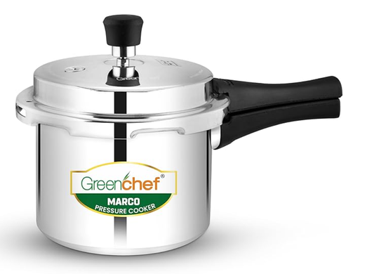 ग्रीनशेफ मार्को एल्युमीनियम प्रेशर कुकर बाहरी ढक्कन 3 लीटर क्षमता, आईएसआई प्रमाणित, सिल्वर रंग 