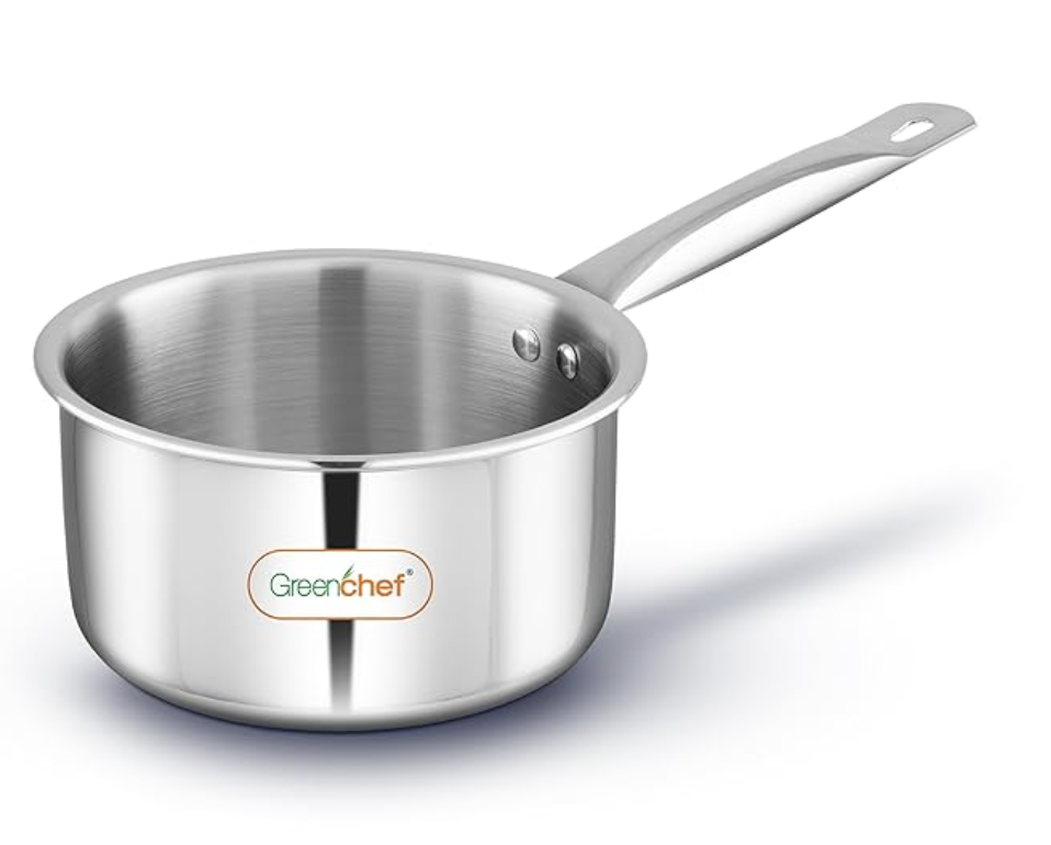 Greenchef SS Tri ply Steel Crest - Sauce pan 14cm, Stainless Steel Exterior Surface, Ergonomic Handles, Induction Compatible, Scratch Resistant, 5Year Warranty