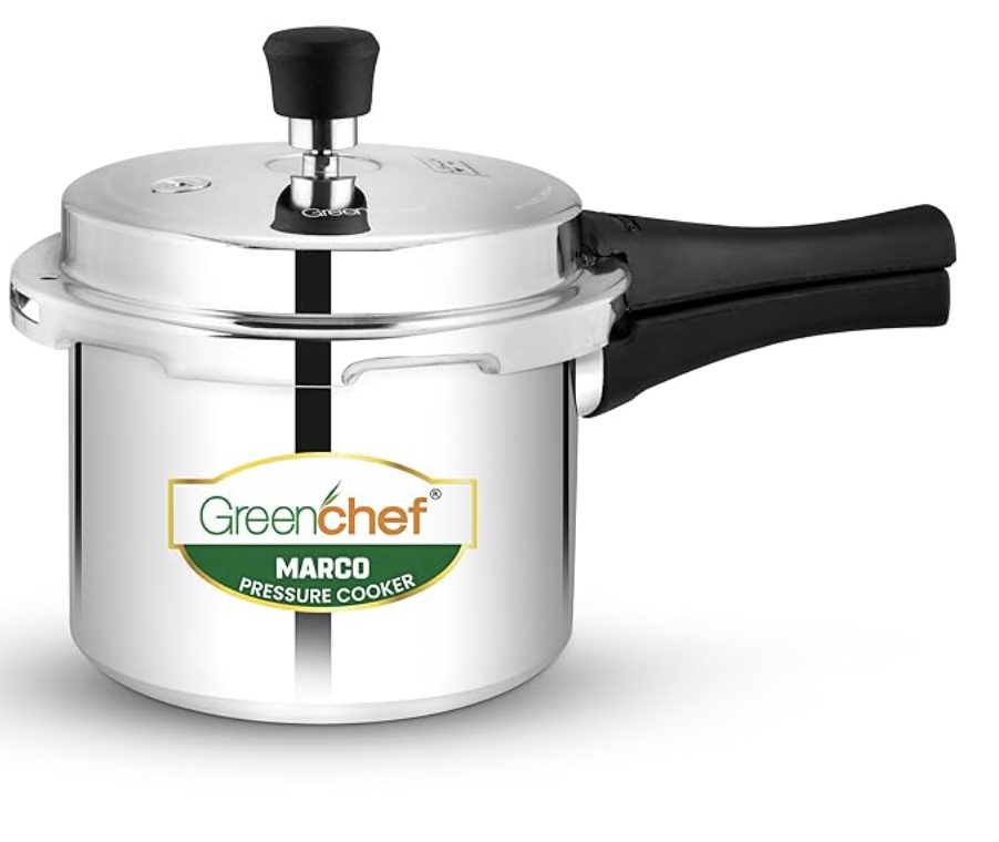 ग्रीनशेफ मार्को एल्युमीनियम इंडक्शन बेस प्रेशर कुकर बाहरी ढक्कन 3 लीटर क्षमता, आईएसआई प्रमाणित, सिल्वर रंग 