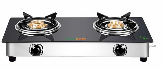 ग्रीनशेफ लोकप्रिय ग्लास कुक टॉप 2 बर्नर गैस स्टोव, स्टेनलेस स्टील बॉडी, एलपीजी के साथ संगत, दो बर्नर स्पिल प्रूफ ट्रे, मजबूत 6 एमएम ग्लास, बैकलाइट नॉब्स (मैनुअल इग्निशन) 