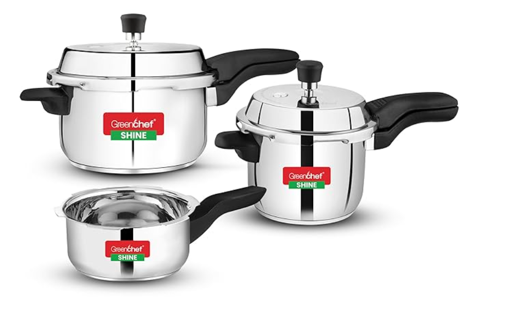 ग्रीनशेफ शाइन स्टेनलेस स्टील प्रेशर कुकर कॉम्बो बाहरी ढक्कन (5 लीटर + 3 लीटर + 2 लीटर पैन) - इंडक्शन संगत 