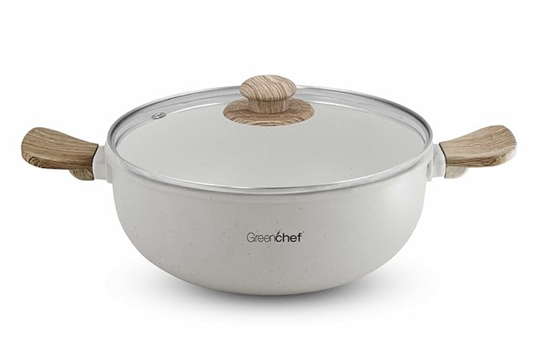GREENCHEF Aluminium Die Cast Kadai with Glass Lid - 240mm - Pebble, 5 Layer Healthy Granite Non-Stick Coating, PFOA Free