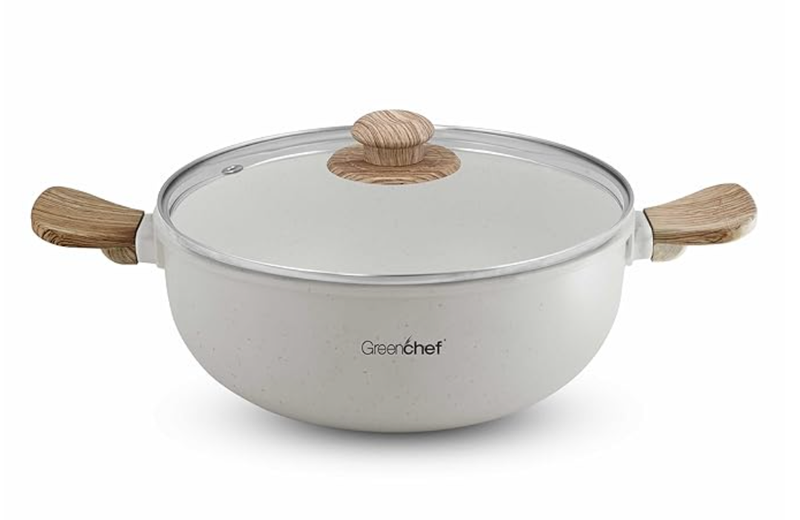 GREENCHEF Aluminium Die Cast Kadai with Glass Lid - 240mm - Pebble, 5 Layer Healthy Granite Non-Stick Coating, PFOA Free-1