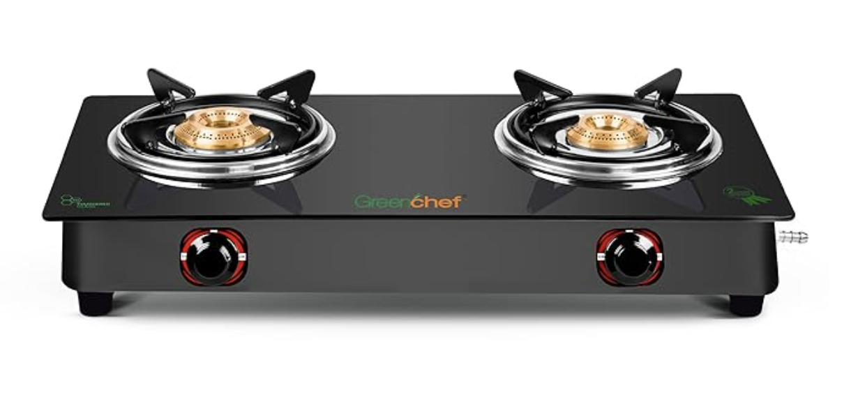 ग्रीनशेफ एलोन ग्लास कुक टॉप दो बर्नर गैस स्टोव, काली बॉडी (मैनुअल इग्निशन), मज़बूत ग्लास टॉप, कॉम्पैक्ट डिज़ाइन, पैन सपोर्ट - आईएसआई प्रमाणित 