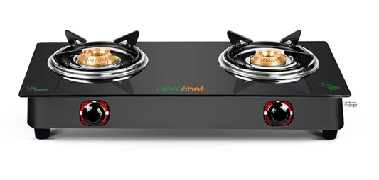 ग्रीनशेफ एलोन ग्लास कुक टॉप दो बर्नर गैस स्टोव, काली बॉडी (मैनुअल इग्निशन), मज़बूत ग्लास टॉप, कॉम्पैक्ट डिज़ाइन, पैन सपोर्ट - आईएसआई प्रमाणित 
