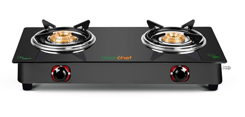 GREENCHEF Elon Glass cook top Two Burner Gas stove,Black Body (Manual Ignition), toughened glass top, Compact Design, pan support – ISI certified-1