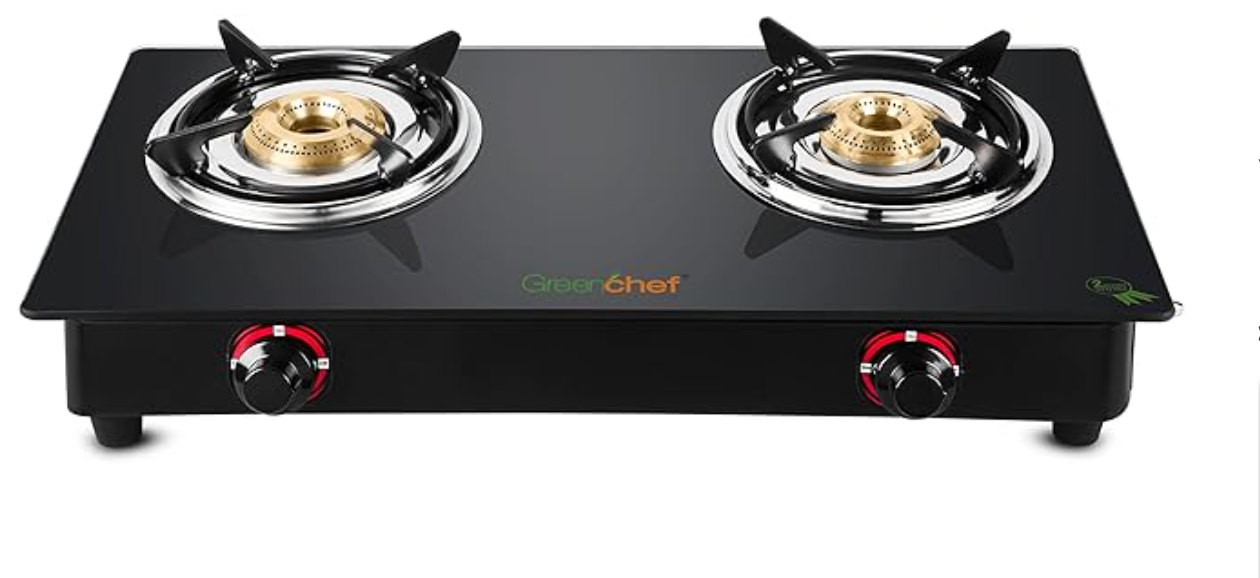 GREENCHEF Ebony Mild Steel - Powder Coated Manual 2 Burner Glass Top Gas Stove (Black)