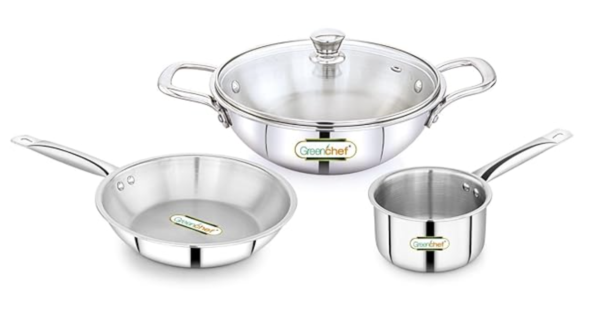 கிரீன்செஃப் எஸ்எஸ் ட்ரை பிளை ஸ்டீல் க்ரெஸ்ட் ப்ரோ காம்போ (கண்ணாடி மூடியுடன் கூடிய கடாய் 24 செ.மீ, பிரை பான் 24 செ.மீ, சாஸ்பான் 16 செ.மீ) வெளிப்புற மேற்பரப்பு, தூண்டலுக்கு ஏற்றது, கீறல் எதிர்ப்பு 