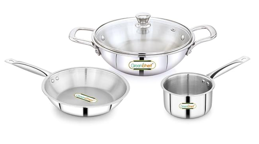 ग्रीनशेफ एसएस ट्राई प्लाई स्टील क्रेस्ट प्रो कॉम्बो (कांच के ढक्कन वाली कढ़ाई 24 सेमी, फ्राई पैन 24 सेमी, सॉस पैन 16 सेमी) बाहरी सतह, इंडक्शन कम्पैटिबल, स्क्रैच रेसिस्टेंट 