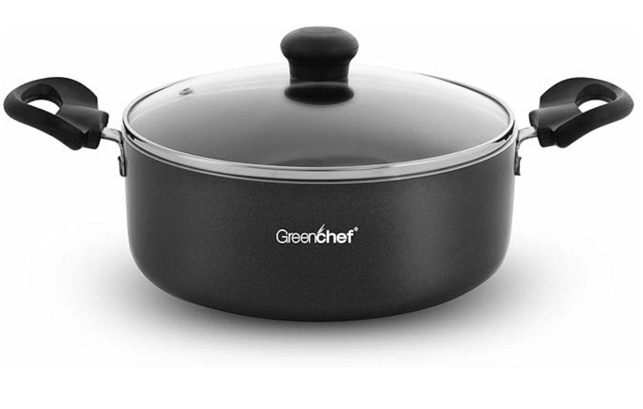 Greenchef Regal Biryani Pot | Stew Pot | Curry & Gravy Pot | 26 cm Diameter 4 LTR Capacity with Glass Lid (Aluminium, Induction Base, PFOA, Nonstick Cookware)