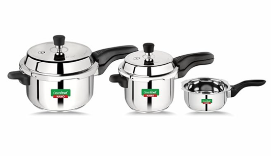 ग्रीनशेफ न्यू लॉन्च स्टेनलेस स्टील प्रेशर कुकर नमो कॉम्बो (5L+3L+2L) 5 L, 3 L, 2 L आउटर लिड इंडक्शन बॉटम प्रेशर कुकर और प्रेशर पैन। 