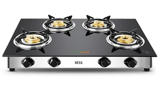 ग्रीनशेफ स्टेनलेस स्टील नेक्सा 4 बर्नर ग्लास टॉप गैस स्टोव, काला, मैनुअल 