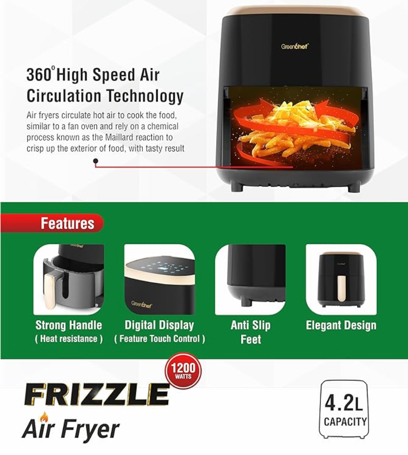 Greenchef Digital Air Fryer Frizzle with Touch Panel, uses up to 90% less fat, 8 Pre-set Menu, 1200W, 4.2 Liter (Black), Large-2
