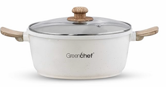 ग्रीनशेफ पेबल ग्रेनाइट नॉन स्टिक कैसरोल ग्लास ढक्कन के साथ, 3 लीटर/22 सेमी, कास्ट एल्युमीनियम बॉडी, स्टू पॉट, बिरयानी पॉट, राइस पॉट, भारी तली, PFOA मुक्त। 