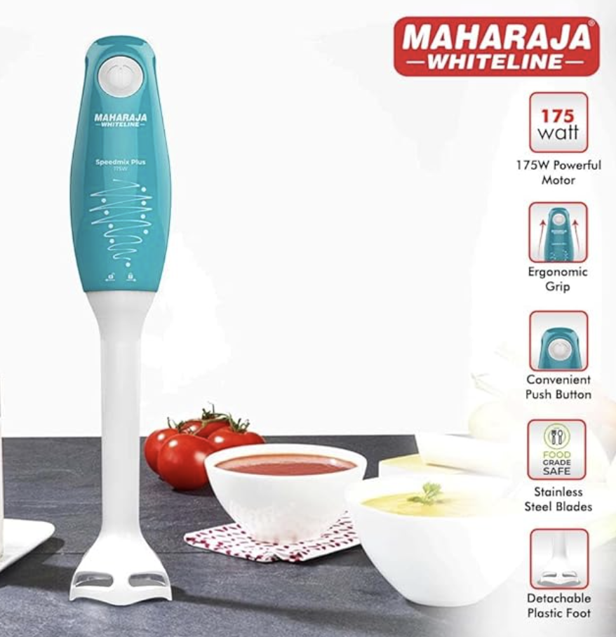 Maharaja Whiteline Speedmix Plus Hand Blender with Stainless Steel Blades | Long Lasting Performance with 175 Watts Motor | Detachable Plastic Foot | 2 Year warranty (Turquoise Blue & White)
