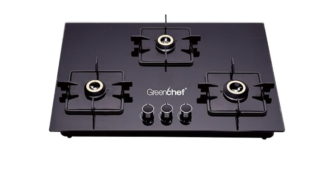 GREENCHEF கெல்வின் ஹாப் ஆட்டோ இக்னிஷன் கிளாஸ் டாப் கேஸ் ஸ்டவ் (3 பர்னர்), டெம்பர்டு கிளாஸ், கருப்பு 