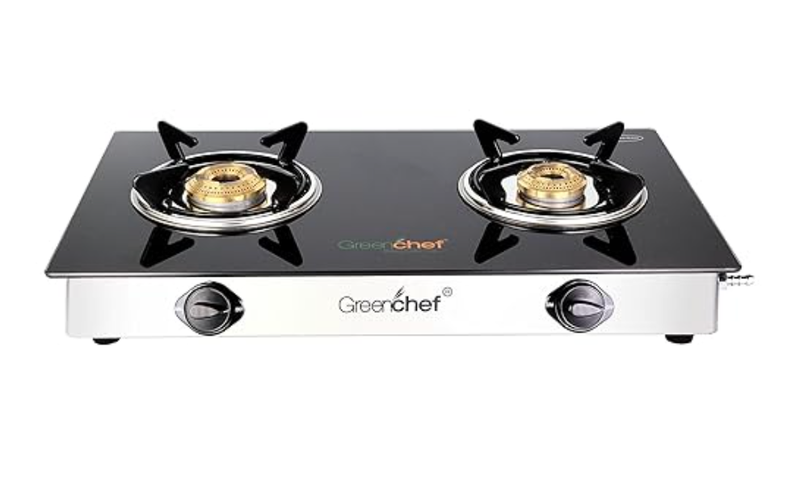 GREENCHEF Brass Glass top Namo 2 Burner Manual Gas Stove (Black)-1