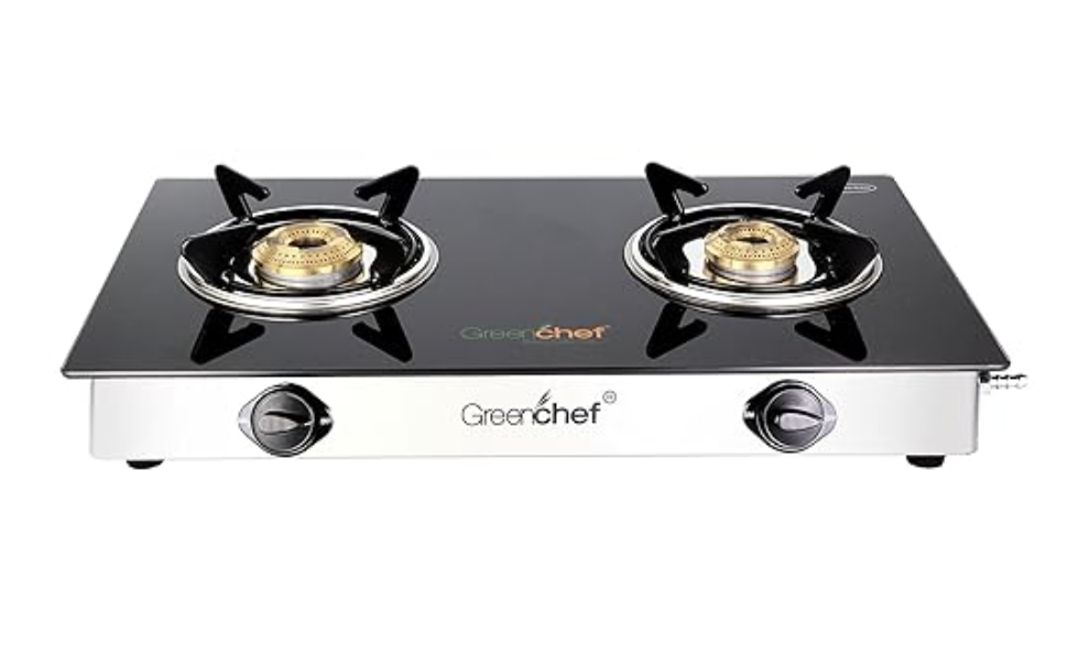 GREENCHEF Brass Glass top Namo 2 Burner Manual Gas Stove (Black)