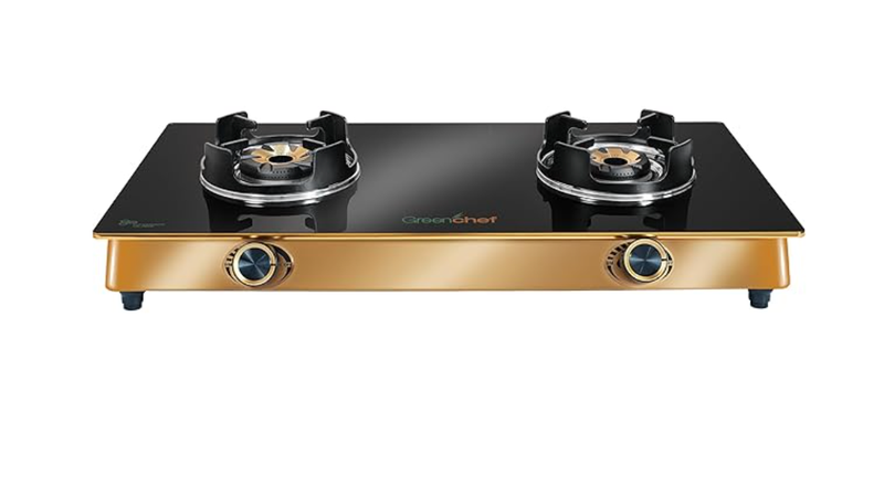 Greenchef Glasstop Double Burner Gas stove - Magnum Gold, typhoon Burners, toughened glass top, Spill free pan support with aluminium knobs-1