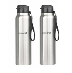 GREENCHEF Flip Stainless Steel 1000 ml Water Bottle (Single Wall | Not Hot And Cold, Silver, Steel, Pack of 2)-1