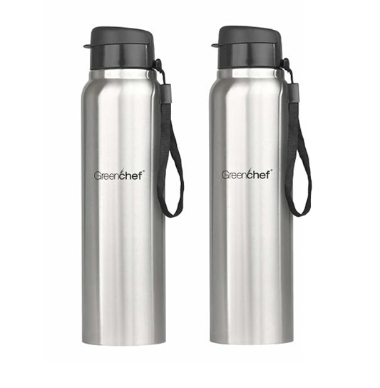 GREENCHEF Flip Stainless Steel 1000 ml Water Bottle (Single Wall | Not Hot And Cold, Silver, Steel, Pack of 2)