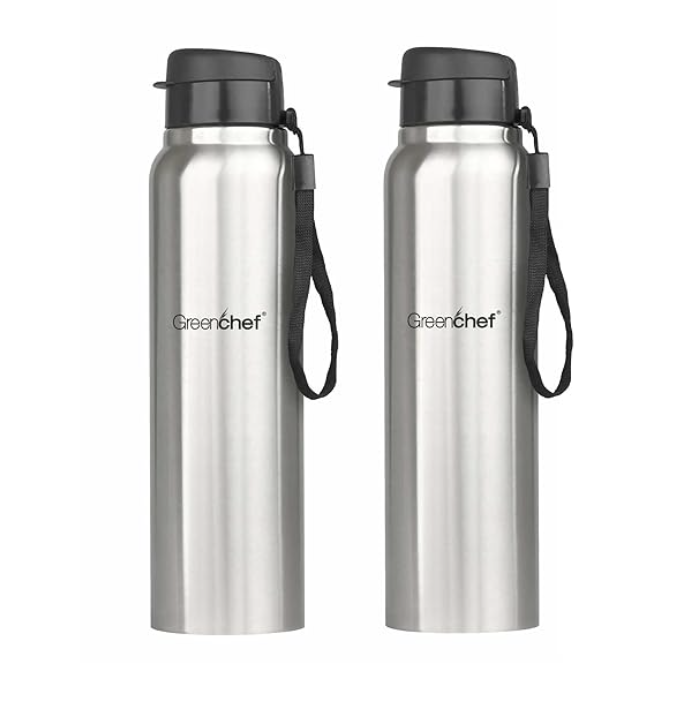 GREENCHEF Flip Stainless Steel 1000 ml Water Bottle (Single Wall | Not Hot And Cold, Silver, Steel, Pack of 2)-1