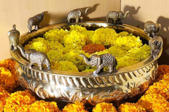 Handcrafted Pure Brass Urli Bowl with Decorative Elephant Figurines-3