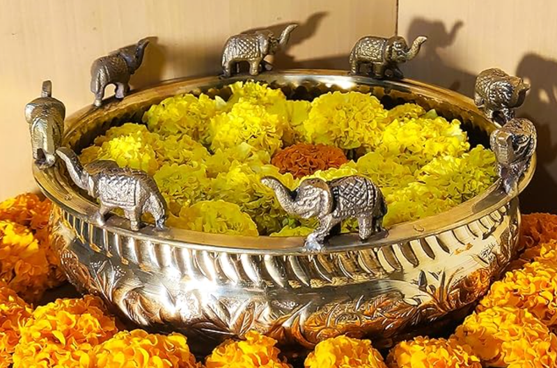 Handcrafted Pure Brass Urli Bowl with Decorative Elephant Figurines-3