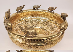 Handcrafted Pure Brass Urli Bowl with Decorative Elephant Figurines-1