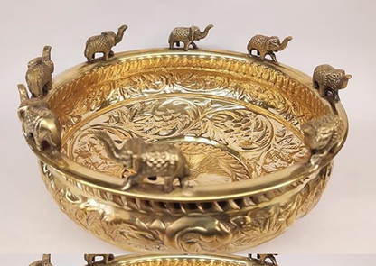 அலங்கார யானை உருவங்களுடன் கூடிய கைவினைப் பொருட்களால் ஆன தூய பித்தளை உர்லி கிண்ணம்