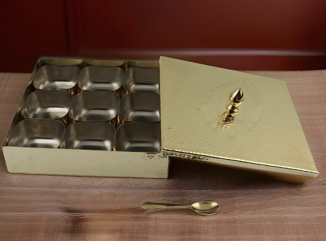 Square Brass Masala Box – Traditional Spice Organizer for Indian Kitchens