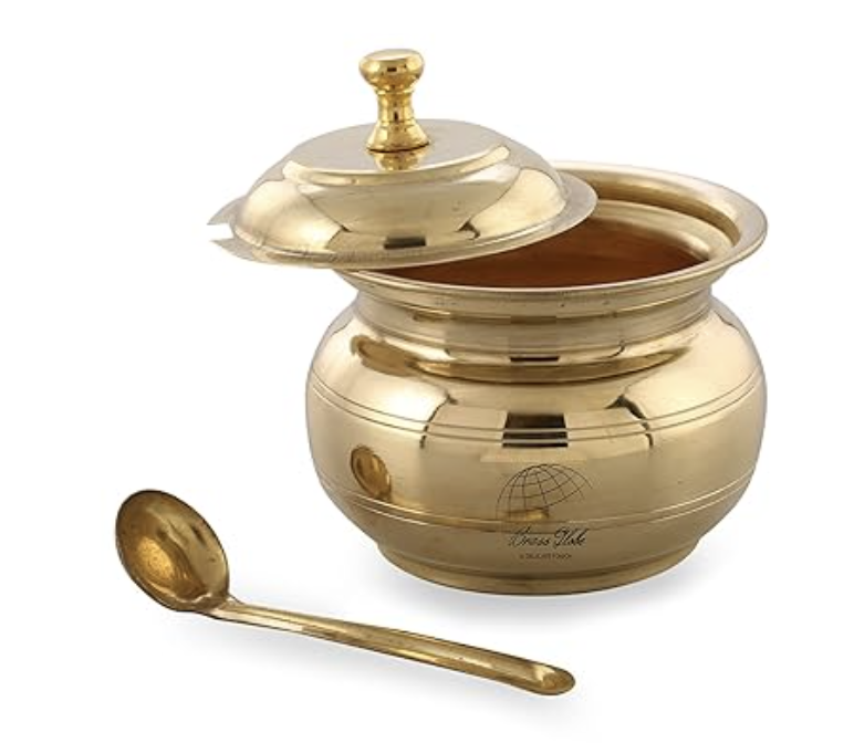 Traditional Brass Ghee Pot with Lid & Spoon – Pure Brass Ghee Container for Pooja & Kitchen Use