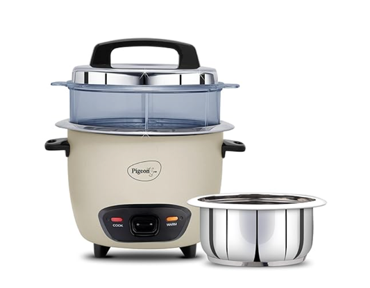 ஸ்டீமருடன் கூடிய பிஜியன் ஐனாக்ஸ் ப்ரோ ரைஸ் குக்கர், 1 லிட்டர் | ஸ்டெயின்லெஸ் ஸ்டீல் மூடி | 700 வாட்ஸ் | 1 ஸ்டீல் சமையல் பானை | அளவிடும் கோப்பை | ஸ்பேட்டூலா | ஆற்றல் திறன் கொண்ட சமையல் (சாம்பல்) 