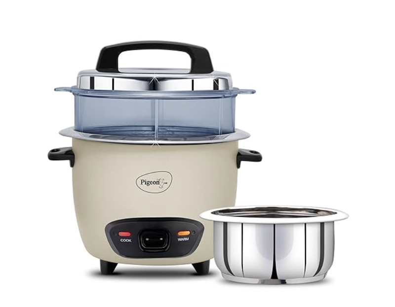 Pigeon Inox Pro Rice Cooker with Steamer, 1 litres | Stainless Steel Lid | 700 Watts | 1 Steel Cooking Pot | Measuring Cup | Spatula | Energy Efficient Cooking (Grey)-1